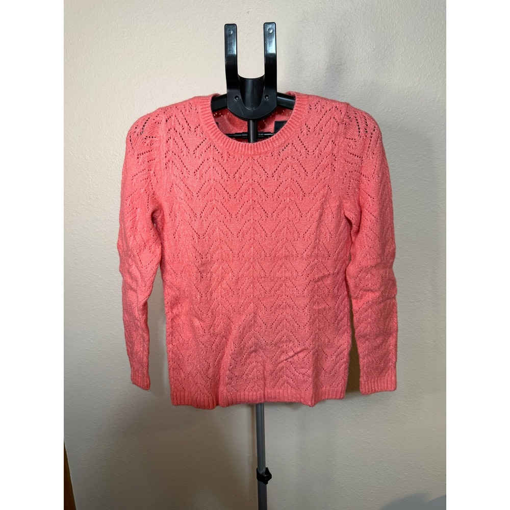 Talbots Petite Coral Pink Chevron Pointelle Knit Crewneck Sweater MP